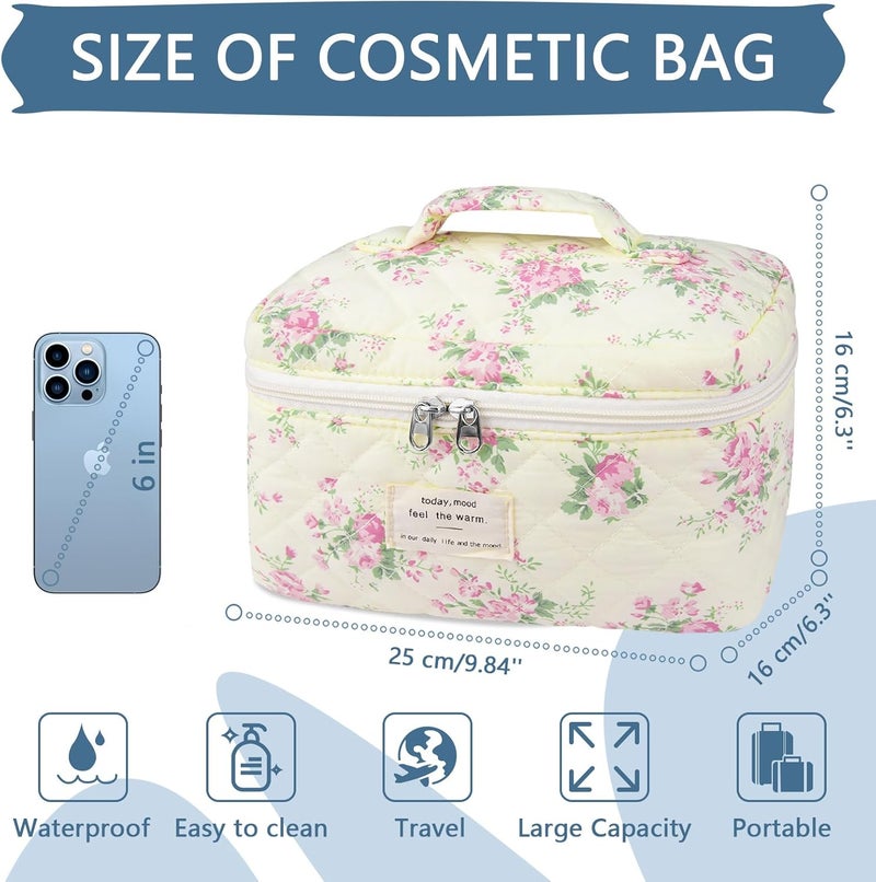 Gosect Large Travel Quilted Makeup Bag for Women,Big Floral Cotton Cosmetic Bag, Cute Coquette Aesthetic Floral Toiletry Organizer Bag (Pink pattern) - Image 2